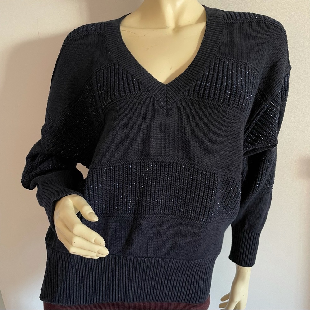 Vintage Mondi drop shoulder v-neck sweater with metallic stripes